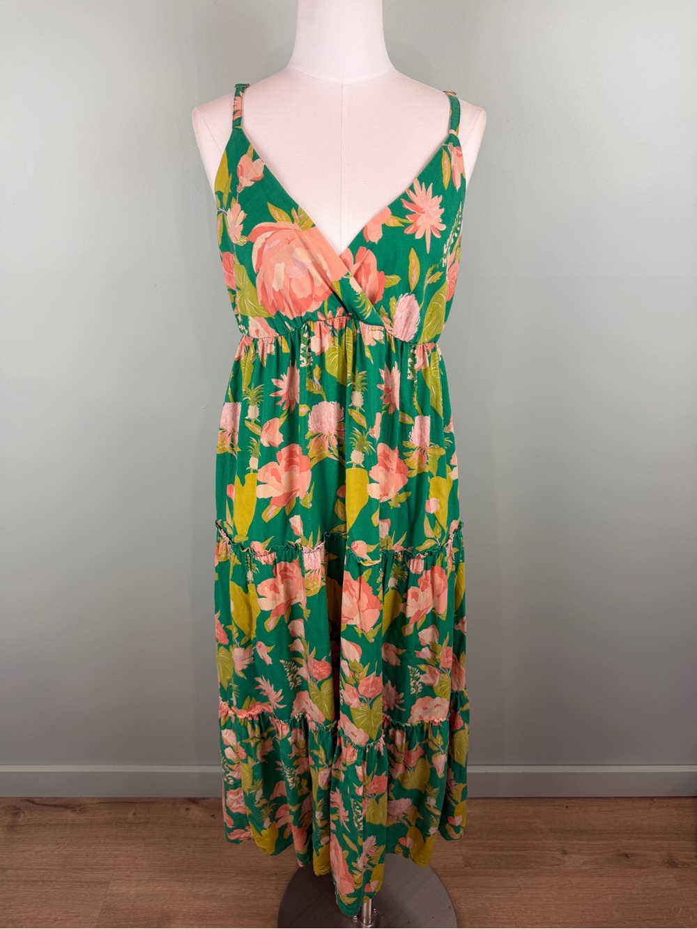 Natural Life Green Floral tiered Maxi Dress with Pink Blooms size Large boho